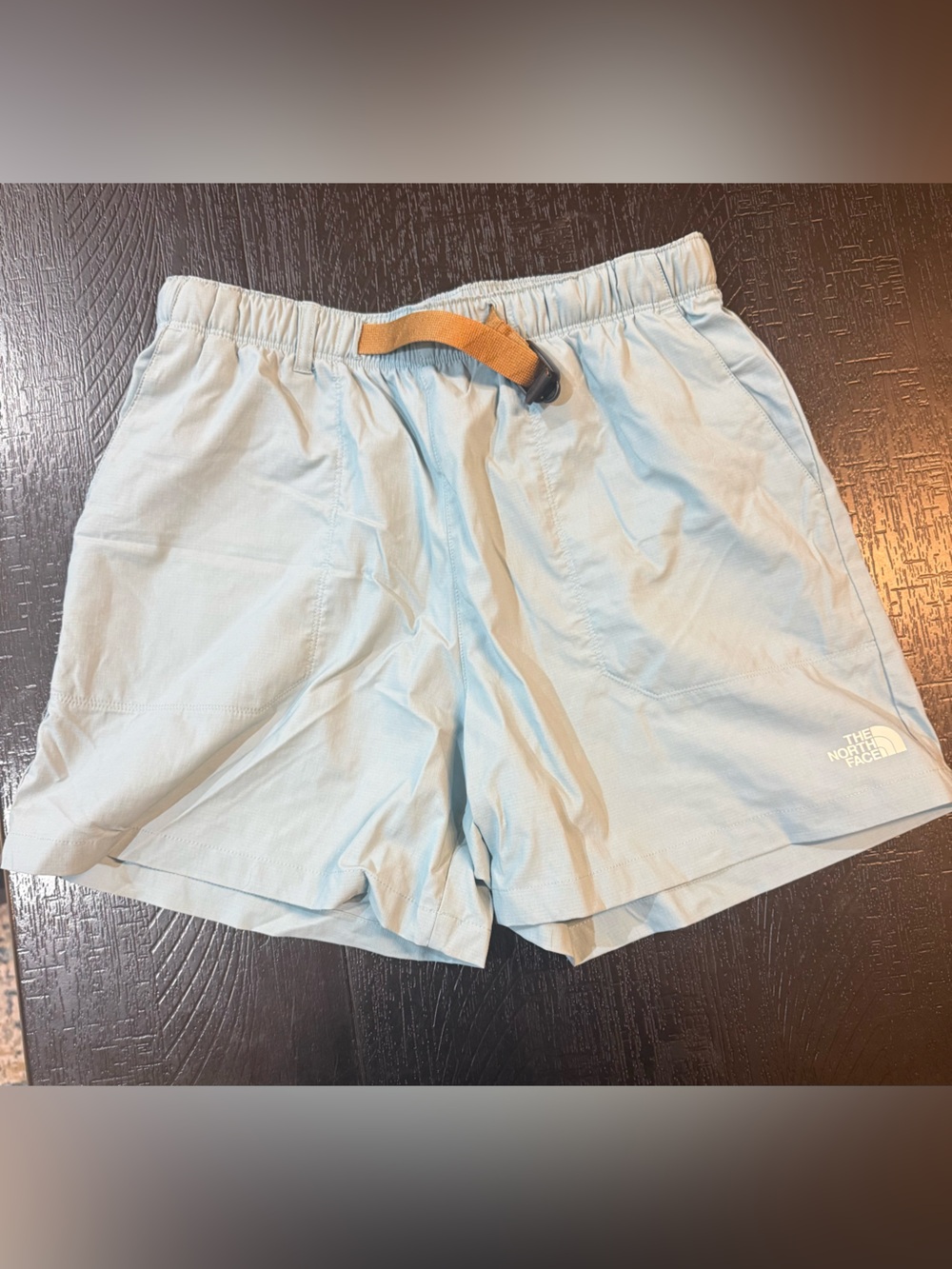 The North Face Men’s Pale Blue Athletic Shorts with Tan Webbing